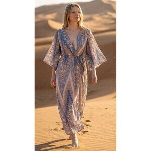 Nwot Bailey Blue Flutter Sleeve Maxi Dress Multicolor L Travel Coastal Flowy